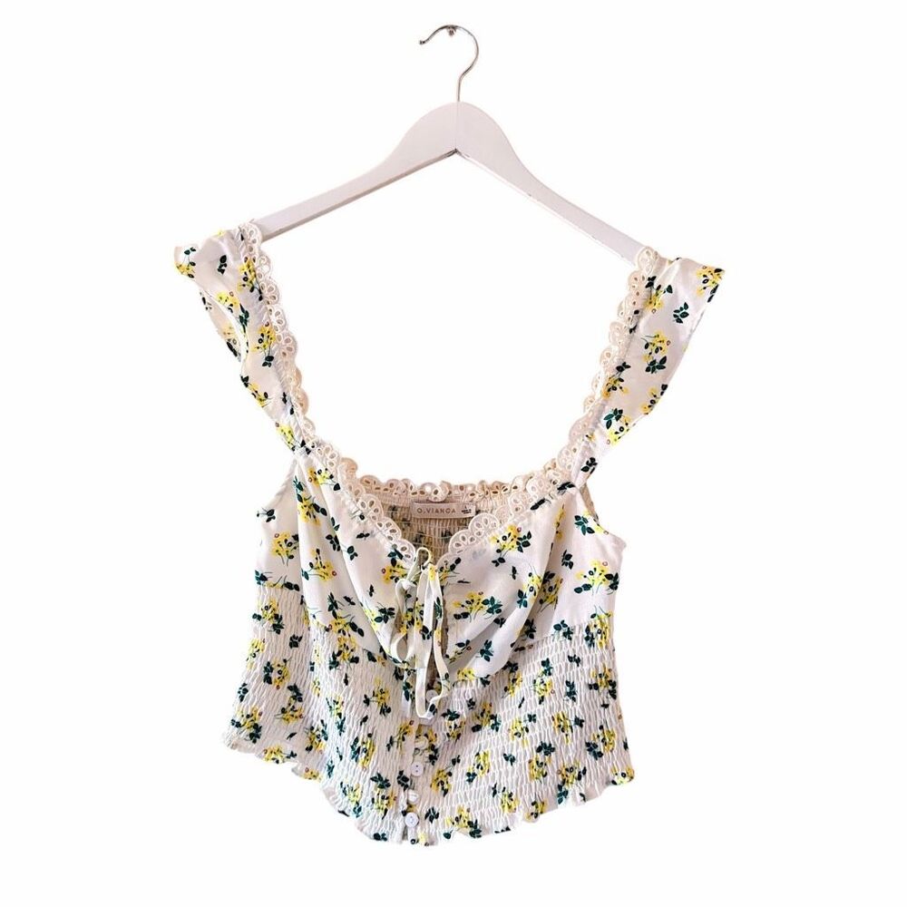 O. Vianca  babydoll Y2K cropped camisole top yellow green floral SZ L #2645